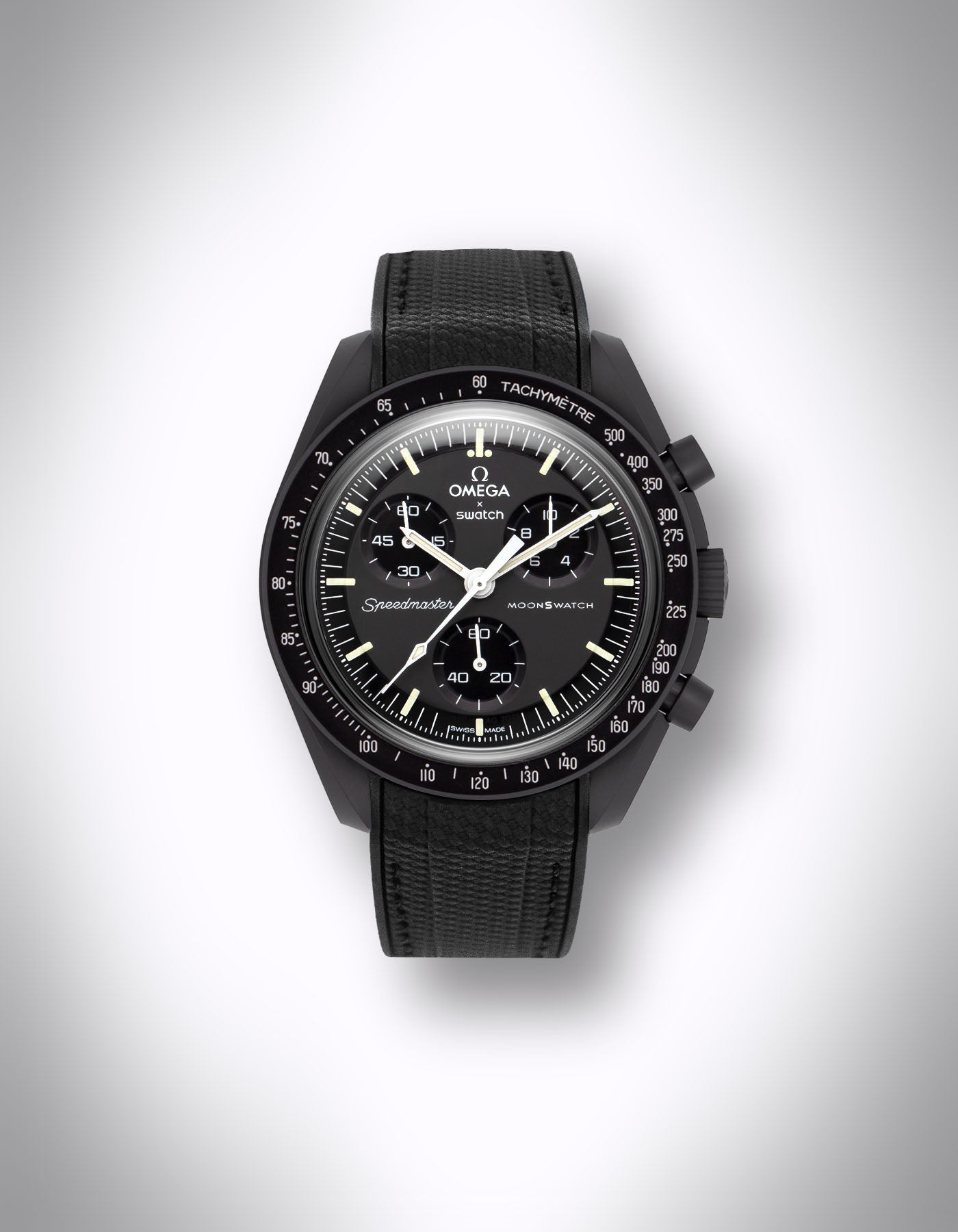 Kautschuk Uhrenarmband für OMEGA X Swatch Speedmaster MoonSwatch – 20 mm, Curved, Rautenprägung, schwarze Nähte, Schwarz