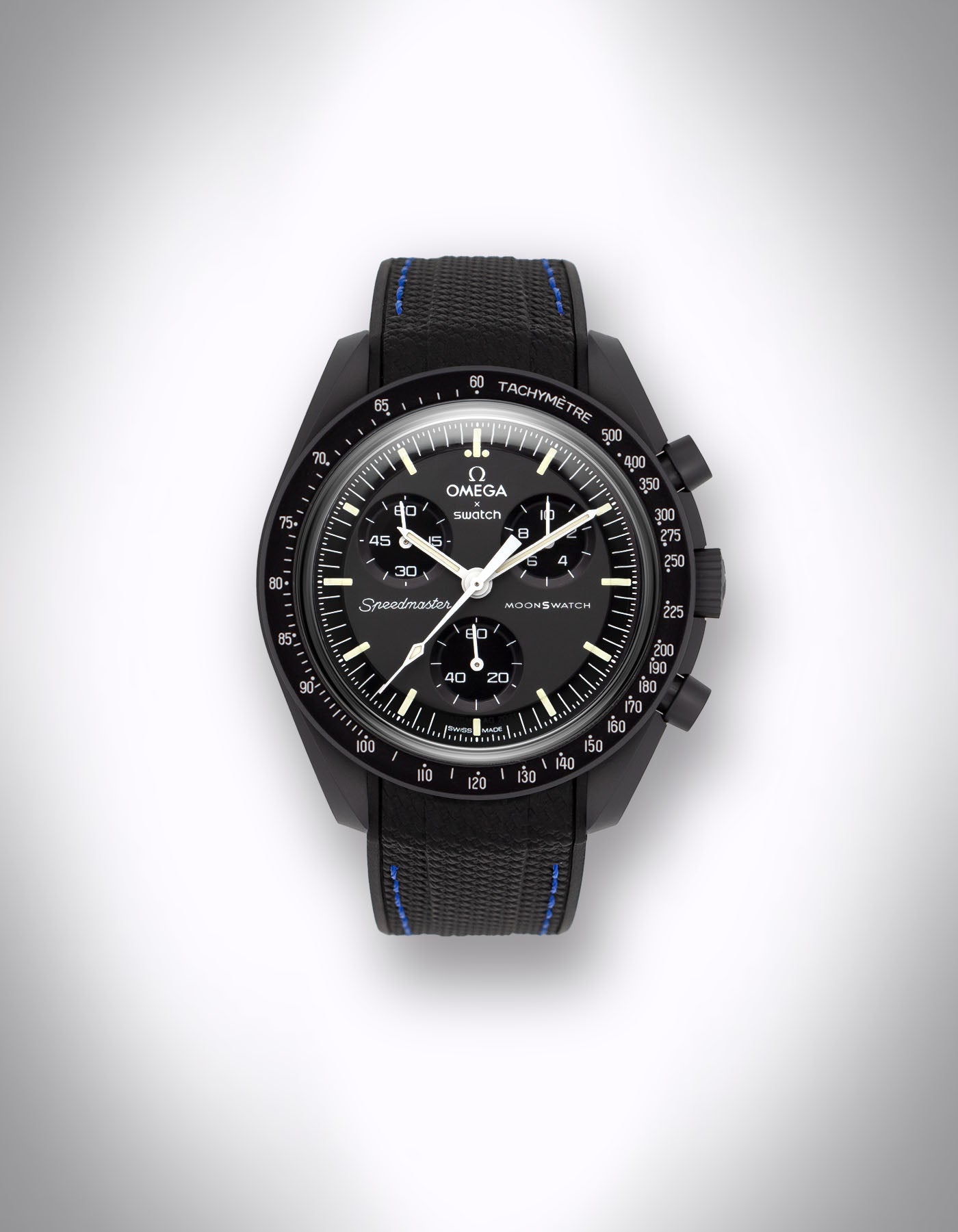 Kautschuk-Uhrenarmband für OMEGA X Swatch Speedmaster MoonSwatch – 20 mm, Curved, blaue Nähte, Schwarz