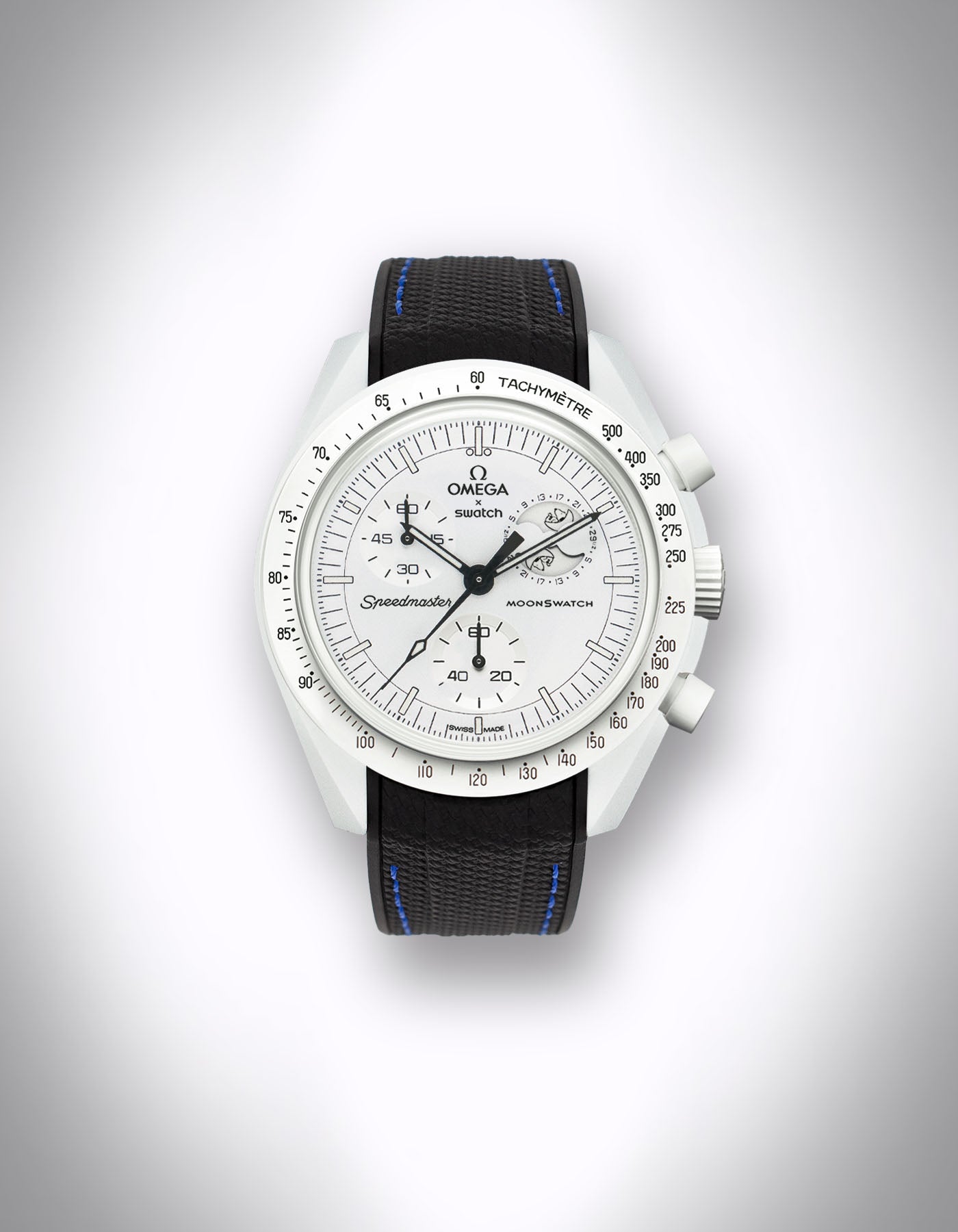 Kautschuk-Uhrenarmband für OMEGA X Swatch Speedmaster MoonSwatch – 20 mm, Curved, blaue Nähte, Schwarz