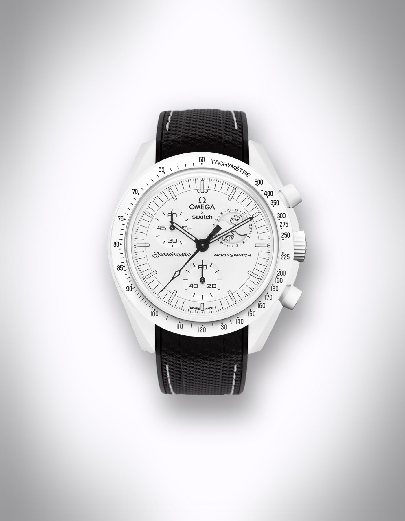 Kautschuk-Uhrenarmband für OMEGA X Swatch Speedmaster MoonSwatch – 20 mm, Curved, weiße Nähte, Schwarz