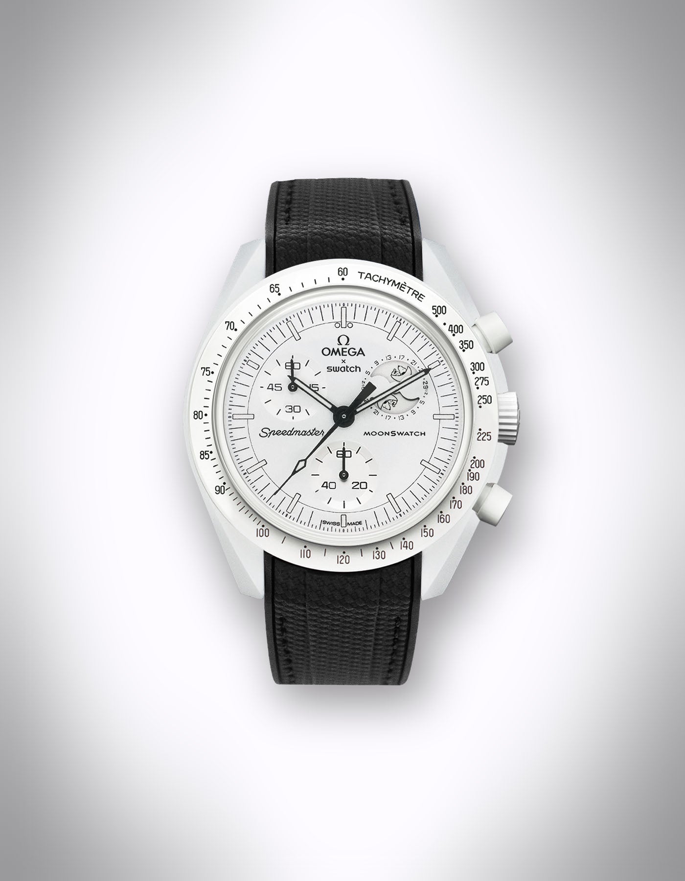 Kautschuk Uhrenarmband für OMEGA X Swatch Speedmaster MoonSwatch – 20 mm, Curved, Rautenprägung, schwarze Nähte, Schwarz