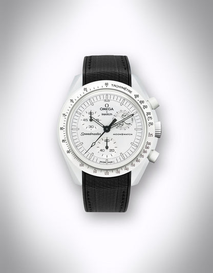 Kautschuk Uhrenarmband für OMEGA X Swatch Speedmaster MoonSwatch – 20 mm, Curved, Rautenprägung, schwarze Nähte, Schwarz