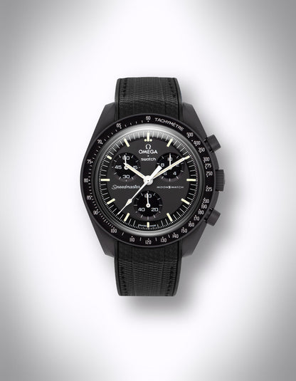 Kautschuk Uhrenarmband für OMEGA X Swatch Speedmaster MoonSwatch – 20 mm, Curved, Rautenprägung, schwarze Nähte, Schwarz