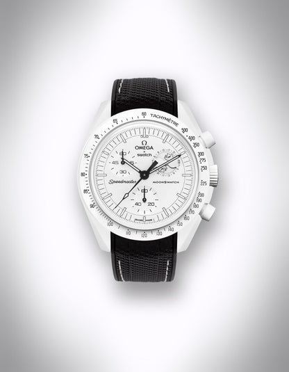 Kautschuk-Uhrenarmband für OMEGA X Swatch Speedmaster MoonSwatch – 20 mm, Curved, weiße Nähte, Schwarz